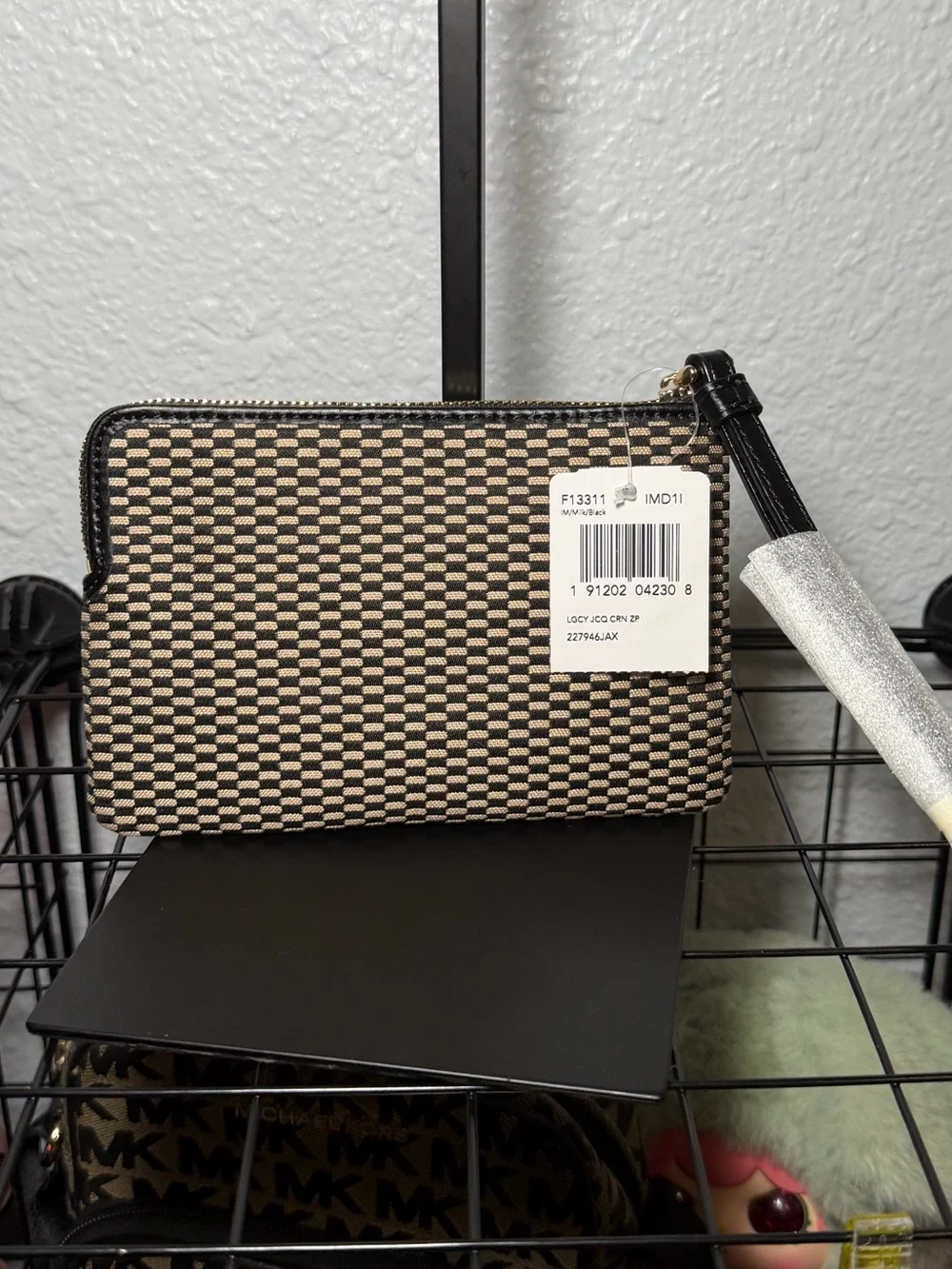 Coach Black and Beige Checker Zip Wallet with Gold Logo